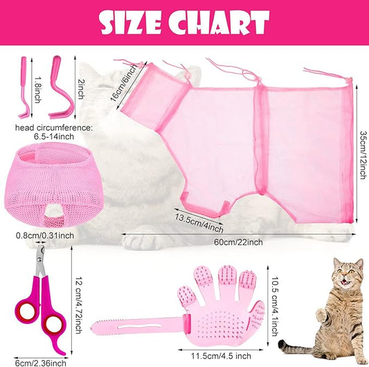 Patelai 5 Pcs Cat Bathing Bag Set Cat Grooming Bag Adjustable Pet Shower Net Muzzles Nail Clipper Tick Remover Tool Massage Brush(Pink)