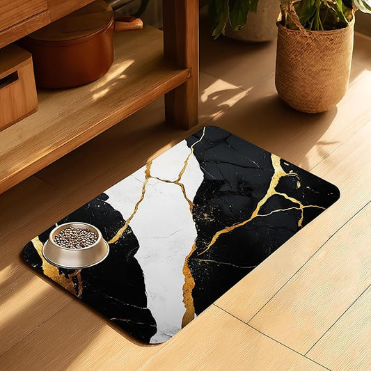 Black Gold Marble Dog Cat Food Mat-Absorbent Placemat for Food and Water Bowl, Waterproof Non Slip Rubber Backing Dog Food Mats for Floors, Pet Supplies 12 * 20 inch