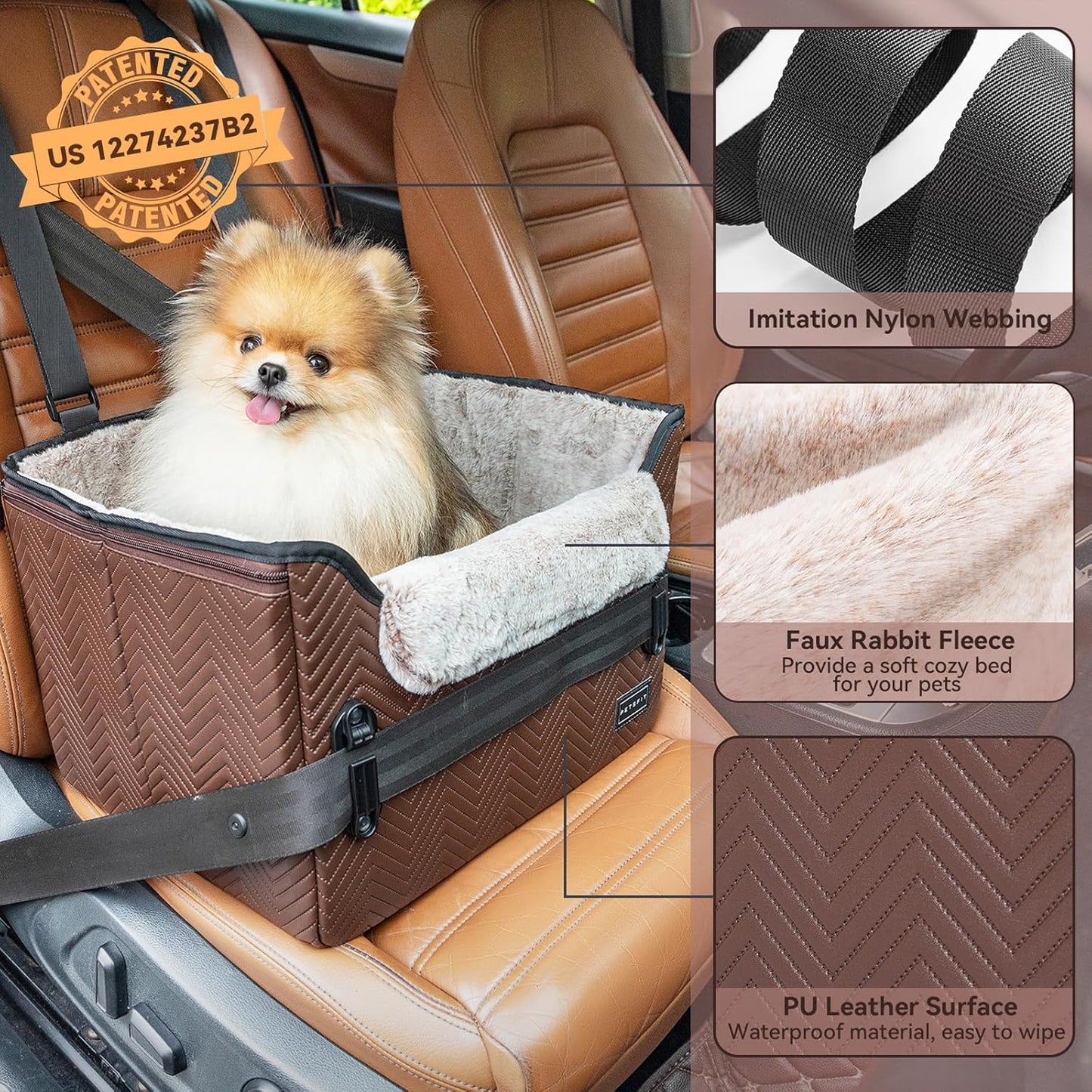 PETSFIT Car Seat for Dogs, Waterproof PU Leather Dog Car Seat for Small Dogs with Patent Safe Buckles, Clip-On Leash, Pet Travel Carrier Bed for Small Pets Up to 25lbs (Brown)