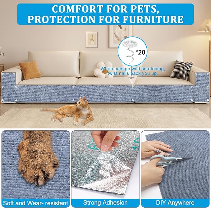 2 Pcs 78.7"x15.8" Cat Scratch Mat, Trimmable Self-Adhesive Carpet, DIY Climb Cat Scratcher for Furniture, Couch or Wall, Covering Cat Tree and Scratch Post Replacement Pad
