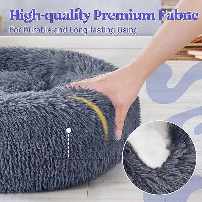 rabbitgoo Calming Dog Bed for Small Medium, 30 inches Pet Bed Machine Washable, Non-Slip Round Fluffy Plush Faux Fur Large Cat Cushion, Soft Donut Cuddler Cushion for Small Dogs, Dark Grey
