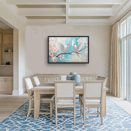Large White Dove Flower Wall Art for Living Room, Framed Oversized Pigeon Cherry Blossom Wall Decor Nature Canvas Painting Modern Artwork for Living Room Bathroom Bedroom Office Dining Room 36"x24"
