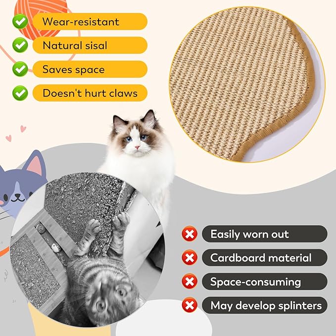 Sisal Cat Scratcher Mat with Sticky Tapes, 23.6" x 11.8" Cat Scratching Carpet for Indoor Cats, Horizontal Cat Scratcher for Cat House, Scratching Posts, and Couch Protection(Cactus)