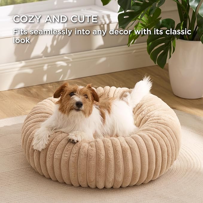 Bedsure Donut Small Dog Bed - Dog Beds for Small Dogs with Corduroy Fleece & Anti Slip Bottom, Round Faux Fur Pet Beds with Washable Removable Cover, Sandy Tan, 27x27x8 inches