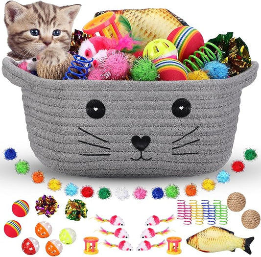 Zopeal 58 Pcs Cat Storage Basket Gift Toys Set, Colorful Flashing Balls Pet Bell Crinkle Balls Spring Toys Attract Cat to Swat, Bite, Hunt, Interactive for Pet(Grey,9.8 Inch)
