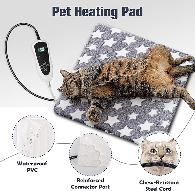 Cat Heating Pad, Waterproof Pet Heating Pad for Cats Dog Indoor, 11 Adjustable Temperature Cat Warming Bed Mat with Timer, Indoor Heated Bed with Chew Resistant Cord (S: 18'' L X 18W '')