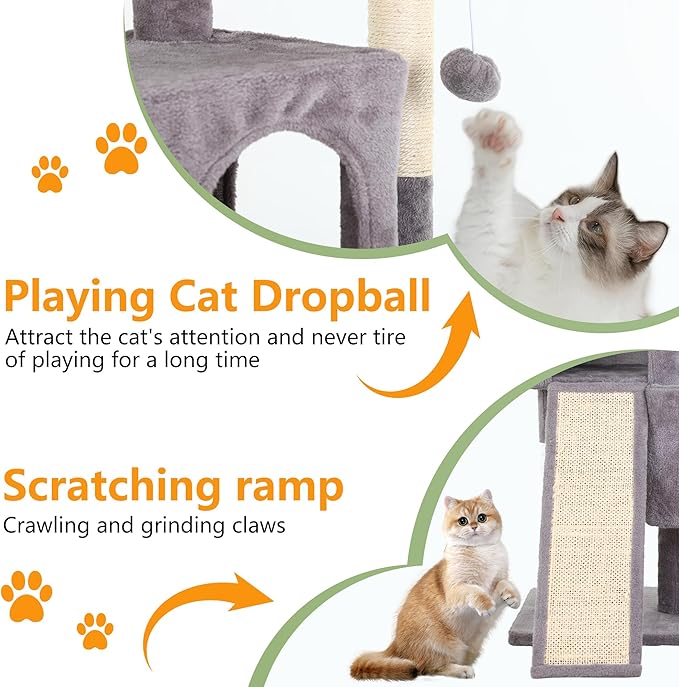 FDW Cat Tree for Indoor Cats 36 Inches Cat Tower Multi-Level Indoor Cat Play Condo House with Scratching Posts, Spacious Perch, Sisal Posts and Dangling Toys (Ashy)