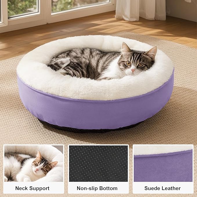 Love's cabin Round Donut Cat and Dog Cushion Bed, 20in Pet Bed for Cats or Small Dogs, Anti-Slip & Water-Resistant Bottom, Super Soft Durable Fabric Pet beds, Washable Luxury Bed Lavender