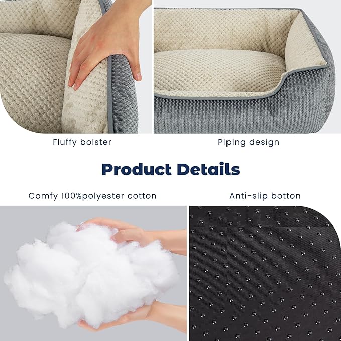 Miguel Medium Small Dog Bed with Washable Removable Cover - Rectangle Pet Bed for Indoor Cats with Bolster Soft Cuddle Bed for Puppies with Supportive Side Wall Slip-Resistant Bottom, Gray 25 Inches