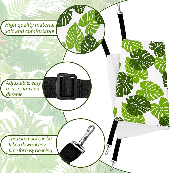 2 Pieces Reversible Cat Hanging Hammock Soft Breathable Pet Cage Hammock with Adjustable Straps and Metal Hooks Double Sided Hanging Bed for Small Dogs Rabbits(Monstera Leaf,M)