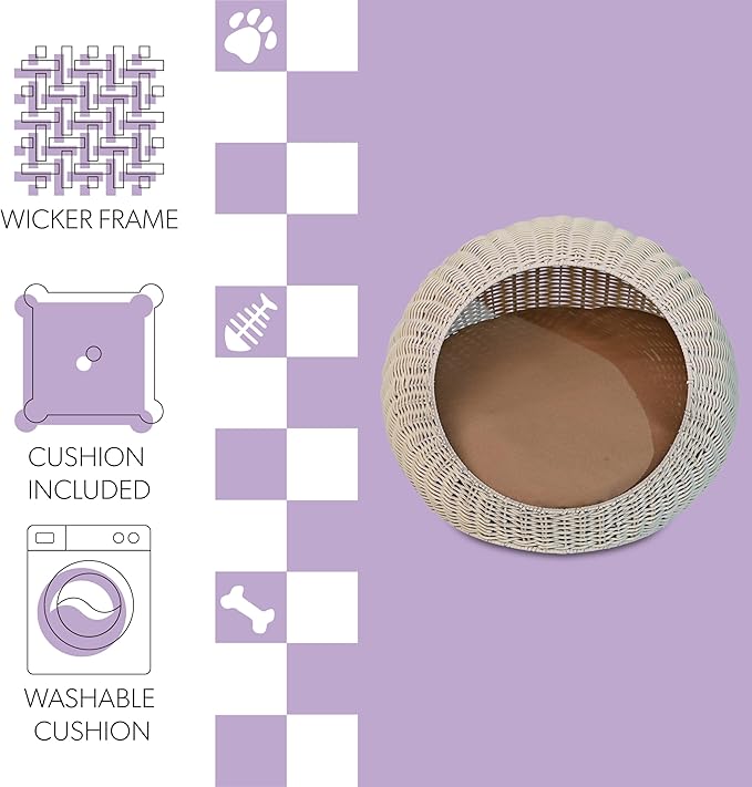 CBD3000C Fiora 19.5" x 18" Modern Circular Faux Wicker Pet Bed with Machine-Washable Cushion, Cat Beds for Indoor Cats, White