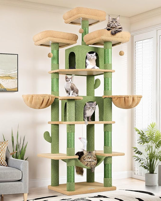 Globlazer Big Cactus Cat Tower for Indoor Cats, 80inch Cat Tower for Multiple Adult Cats XXL Cat Tree with Scratching Post, Hammock, 3 Perches, 2 Condos, 2 Hanging Basket, F80, Green