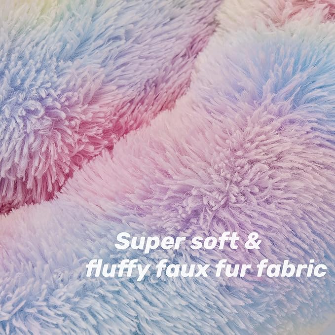 Anti Anxiety Round Fluffy Plush Faux Fur Warm Washable Dog Bed & Cat Bed, Original Bed for Small Medium Large Pets,Used to Relieve Joints and Improve Sleep（20"/24"/27''） (27", Rainbow)