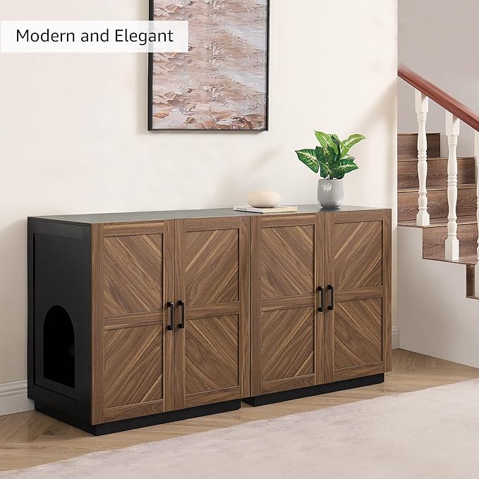 unipaws Cat Litter Box Enclosure with Shelves, Tall Hidden Litter Box Cover for Tall or Top Entry Litter Box, Kitty Enclosed Litter Box Cabinet, Cat Box Furniture, Walnut