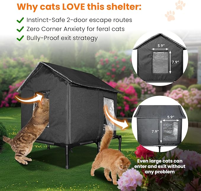 Outdoor Cat House Weatherproof, Extra Large Elevated Feral Cat House for Outside/Indoor, Insulated Stray Cat Shelter with Zipper, Waterproof Cat Tent
