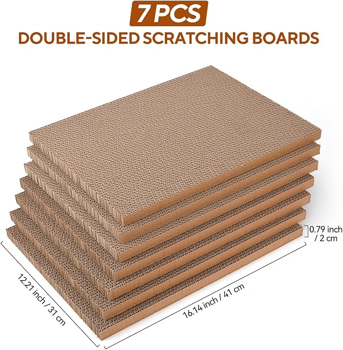 7PCS Reversible Cat Scratching Pads with Box, 16.5" Lｘ12.6" Wｘ5.9 H Extra Large Cardboard Scratcher with Catnips, Cat Scratch Boxes for Indoor Cats