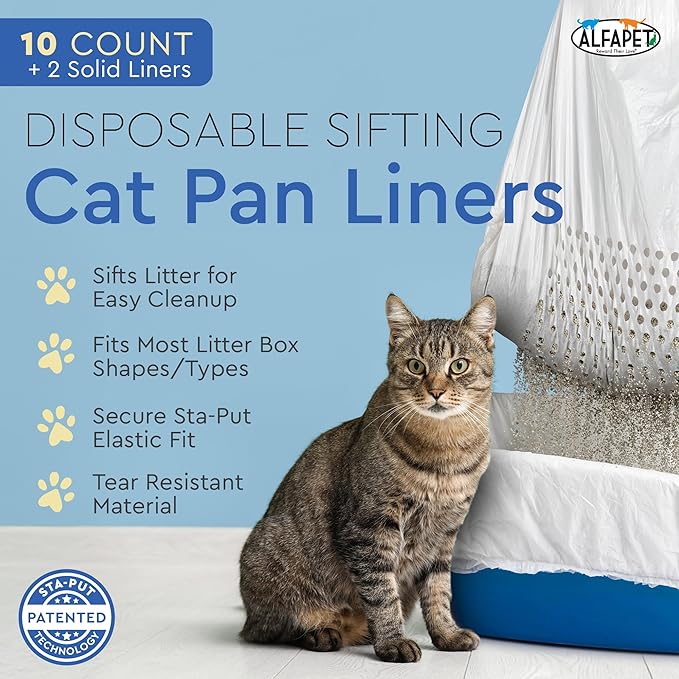 Alfapet Sifting Cat Litter Box Liners - Jumbo 10 Count, Tear-Resistant Cat Litter Bags, Waterproof Kitty Litter Liners, Fits Litterbox Pan Sizes X-Large, X-Giant, 37" x 18" 30 lb Capacity