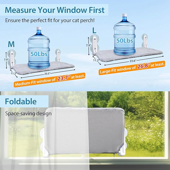 L&W BROS. Cat Window Perch Indoor Foldable Hammock with 4 Updated Suction Cups Easy to Assemble for Heavy Large Cats (M 1Pc)