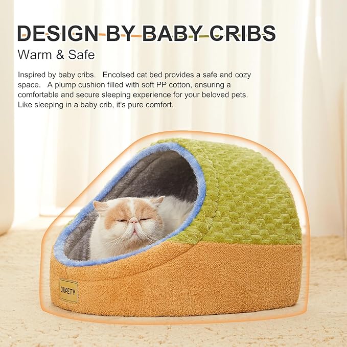 Jiupety Cute Cat Beds for Indoor Cats, Cave Bed for Kittens, Hideaway Cat House & Tent with Anti-Slip Bottom, Washable Removable Cushion, M(16"x16"x13"), Green