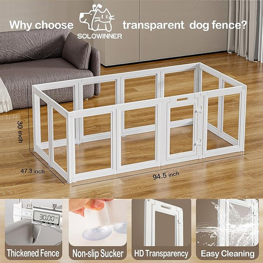 Clear Acrylic Dog Playpen Transparent Dog Playpen Indoor, Easy Assemble Clear Pet Pen for Puppy Bunny Cat Pig, Sturdy & Easy Cleaning Plastic Dog Puppy Fence (30" H, 12PCS)