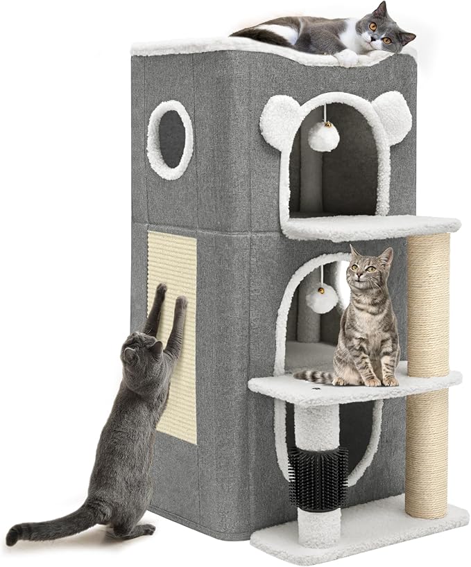 YITAHOME 3-Tier Cat House, Cat Beds for Indoor Cats, Modern Cat Condo with Highway Cave, Scratch & Itching Post, Climbing Stand, Cat Cube Playhouse for Multi Kittens, Grey