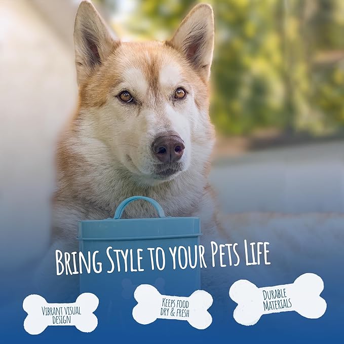 Park Life Designs - Metal Pet Treat Jar with Airtight Lid for Dogs, Cats, Puppies and More, Chic Kitchen Countertop Container for Cookies, Biscuits and Treats (Jasper, Powder Blue, 1.4 Qt)