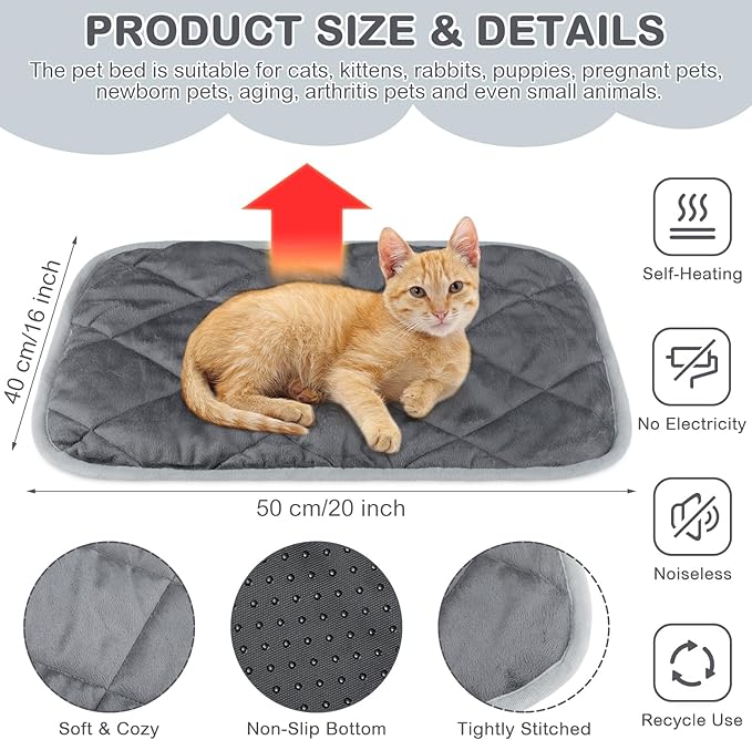 2 Pack Self Heating Cat Mat Self Warming Pet Pads Washable Kennel Mat Dog Crate Pad Reflects Body Heat Non Skid Cat Thermal Pads for Puppy Indoor Outdoor(Gray,16 x 20 Inches)