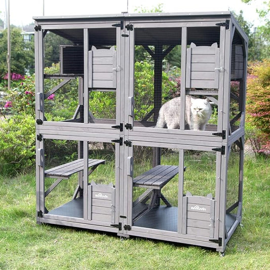 Aivituvin Cat Catio Kitty House Outdoor and Indoor Run Large Wooden Cat Enclosure on Wheels 70.9" Upgraded Version Kennel Cage with Reinforcement Wooden Strip,2 Sets Include