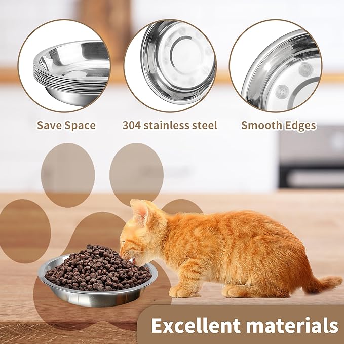 HUOIQUE 10 Pcs Stainless Steel Bowls, Whisker Fatigue Cat Bowl for Food and Water, Metal Shallow Cat Dishes, 6.2 Inches (Thicker)
