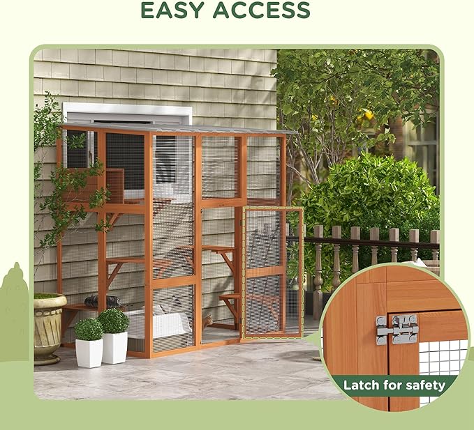 PawHut Catio Outdoor Cat Enclosure Window Box, Wooden Cat House Playground with Scratching Posts, Weather Protection Roof for 1-2 Kitties, Resting Boxes, 68" x 35.5" x 70.5", Orange