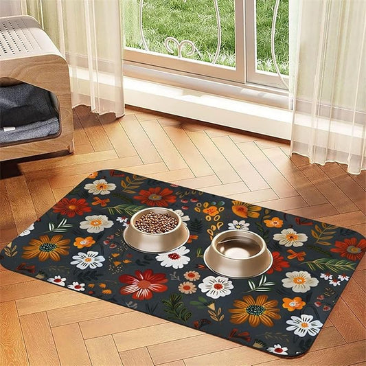 Flower Berries Dog Food Mat Absorbent Bowl Mats No Stains Quick Dry Waterproof Pet Cat Placemats for Food and Water, 30x45cm