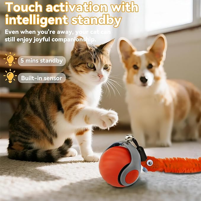 Vrurc Interactive Cat Toy Ball-Speedy with Feather & 3 Tails,Motion Activated Auto Roll,2 Speeds Rechargeable,Indoor Cat Stimulation, Enrichment,Keeps Busy,Durable (Orange)