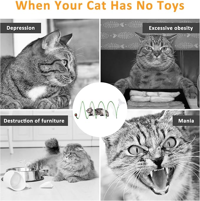 2-Piece Spiral Cat Tubes for Indoor Cats, Large Collapsible Tunnel with Feather Mouse Interactive Toy (Green + Blue)