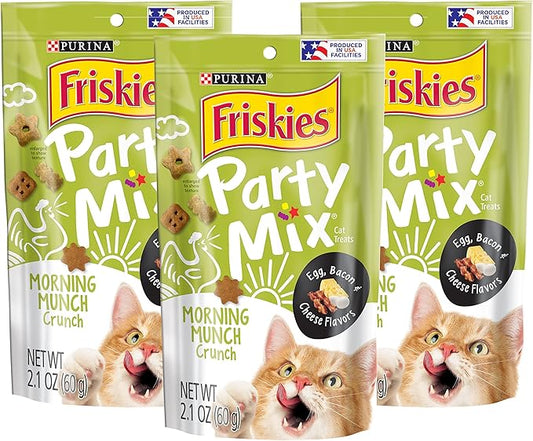 Purina Friskies Party Mix Cat Treats, Morning Munch Crunch with Egg, Bacon & Cheese Flavors, Crunchy & Bite-Sized Cat Treats, 2.1 OZ Pouch (Pack of 3)