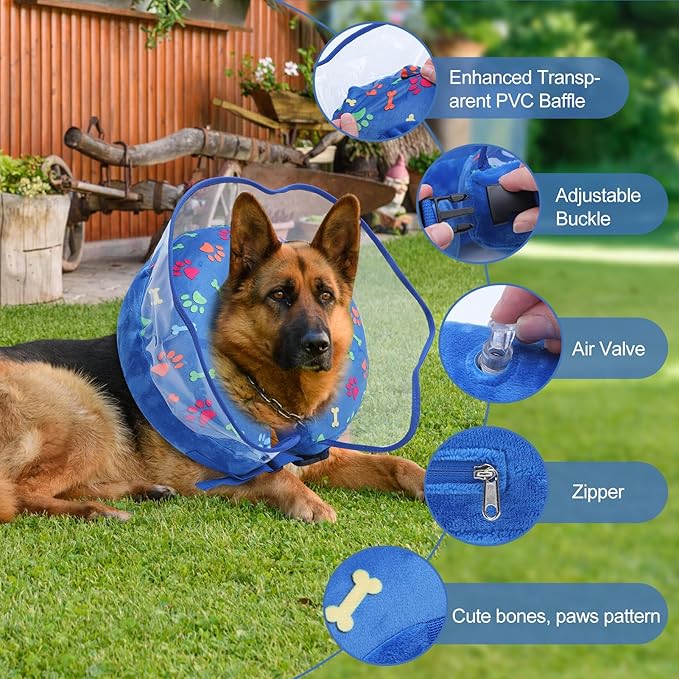 Inflatable Dog Cone Collar, Adjustable Size Soft PVC 2-in-1 Dog Donut Collar After Surgery with Detachable, Inflatable Collar for Small Medium Large Dogs and Cats (Blue, XL)