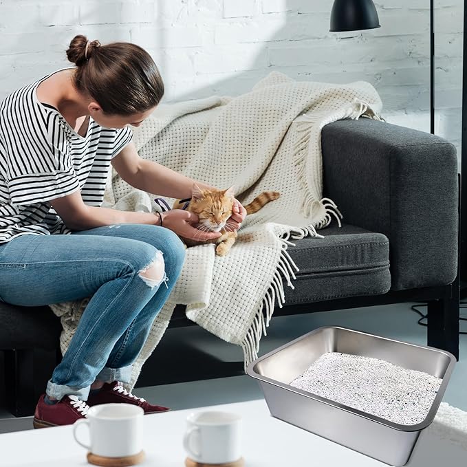 4 Pcs Large Stainless Steel Litter Box 17.7" X 13.8" X 5.9" Metal Cat Litter Box with 30 Pcs Non-Slip Gaskets Large Litter Pan for Cat Kitties No Smell Non Stick Pet Toilet Supplies