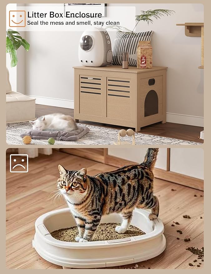DINZI LVJ Litter Box Enclosure, Flip Top Litter Box Furniture, Good Ventilation, Hidden Cat Washroom, 27.6" L x 19.7" W x 19.7" H, Entrance Can Be on Left or Right, Wooden Cat House, Natural