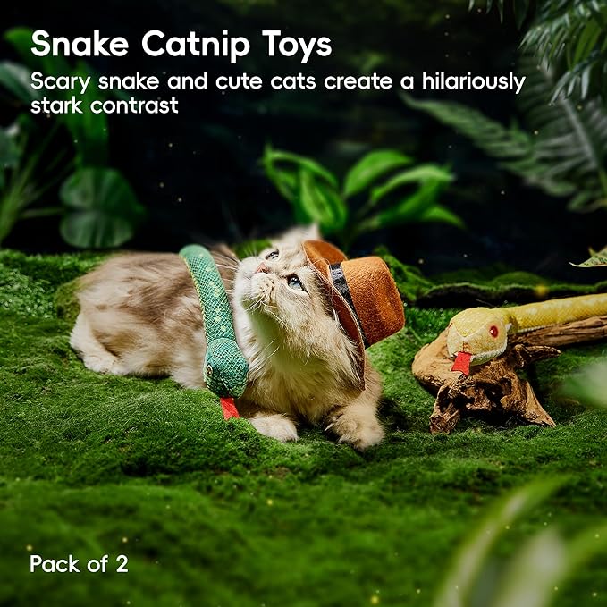 Potaroma Cat Toys Realistic Snake Catnip Crinkly Sound Toy 2 Pcs, Mesh Fabric for Teeth Cleaning, Interactive Kicker Toys for Indoor Kitten Exercise 20 Inches, Green and Yellow