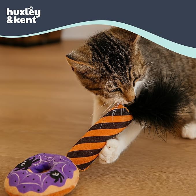 Huxley & Kent Plush Cat Toy - Halloween Interactive Catnip Toy for Cats & Kittens - Soft with Crinkle & Catnip - Fun Indoor Play - Spiderweb Donut & Black Flame 2pk