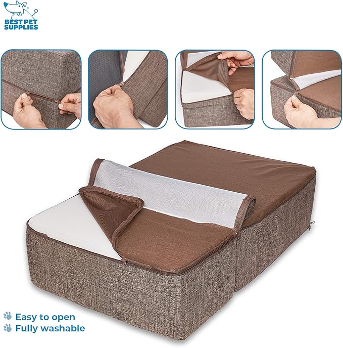 Best Pet Supplies Dog Stairs & Steps - Foam Steps for Small Dogs & Cats, Non-Slip Indoor Balanced Pet Step Support, Dog Ramp, No Assembly, Brown Linen, Foldable 2-Step (12-inch Height)