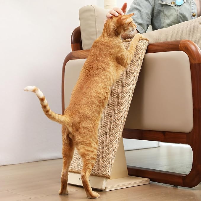 FUKUMARU Cat Scratcher, 23.66 Inch Sisal Cat Scratching Post Ramp, Replaceable Scratching Mat for Indoor Cats, Wood Frame L Shape Wall Mounted Scratch, Cats Scratch Furniture Protector for Couch Sofa