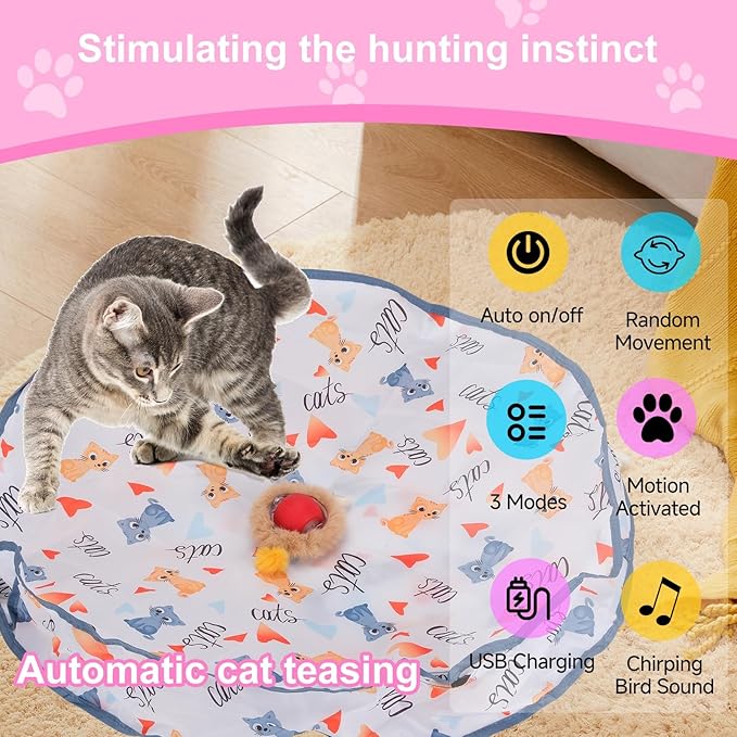 Interactive Cat Toy Ball Fast Rolling in Pouch, Automatic Motion Activated Simulated Chirping Bird Sound Hide and Seek Mouse Chasing Game,White Mate Red Moving Ball for Indoor Cat
