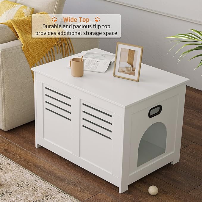 DINZI LVJ Litter Box Enclosure, Flip Top Litter Box Furniture, Hidden Cat Washroom, Wooden Cat House, End Table, 31.5" L x 19.7" W x 19.7" H, Good Ventilation, Easy to Assemble, White