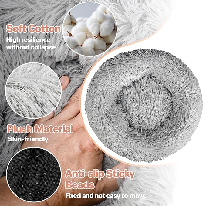 Cat Bed - Calming Cat Bed for Small Kittens Donut Washable Round for Indoor Kittens and Puppies, Anti-Slip Round Fluffy Plush Faux Fur, Small, Light Grey