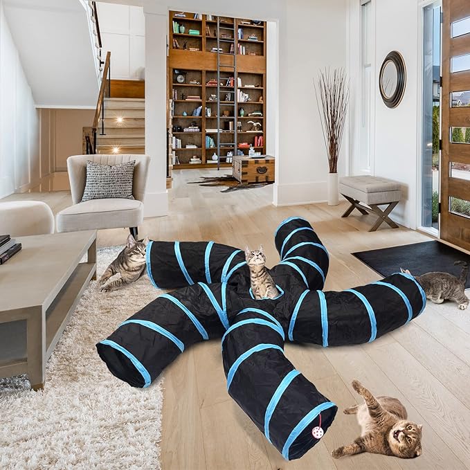 Bemodst Cat Tunnel for Indoor Cats, 5 Way Cat Tubes and Tunnels Collapsible S-Shape Small Animal Tubes Kitty Tunnels Interactive Maze Cat Toy for Kitten Rabbit Ferret - 5 Way