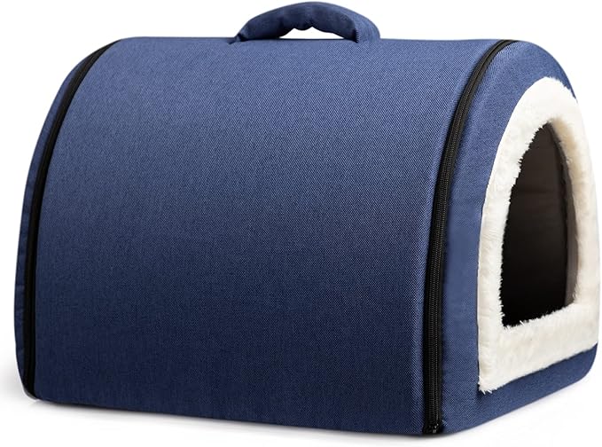 Hollypet Linen Cat Bed, Self-Warming 2 in 1 Foldable Cave House Animal Shape Nest Pet Sleeping Bed, Blue