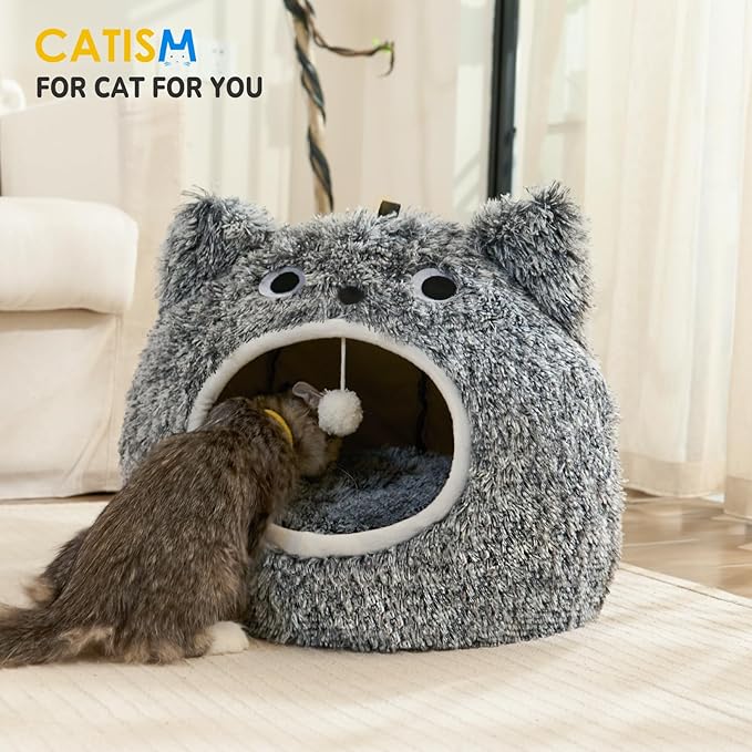CATISM Cat Bed for Indoor Cats - Cat Bed Cave Washable, Soft Plush, Removable Pillow, Non-Slip Base, Large Cave with Toy Balls for Kitty and Small Animals