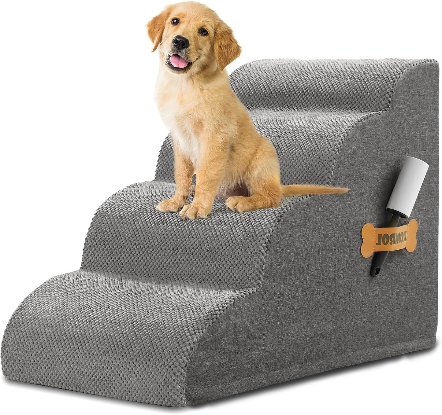 Dog Stairs, Romrol Dog Steps Ramp for High Bed and Couch, Dogs Ramp with Durable Non-Slip Waterproof Fabric Cover, Pet Stairs for Small Dogs and Cats or Pets Joints, 4-Tiers,Grey