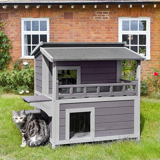 GUTINNEEN Outdoor Cat House Weatherproof, Feral Kitty House Cats Enclosure with Balcony, Wooden Kitty Shelter Waterproof