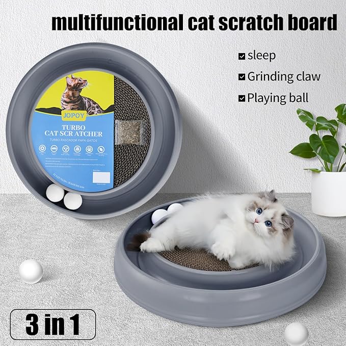 Interactive Cat Scratcher with Two Rotating Balls,Durable Scratch Pad for Indoor Play,Cardboard Cat Scratcher Pad with Cat Toy Ball Track and Catnip,2-in-1 Cat Toy (Grey)